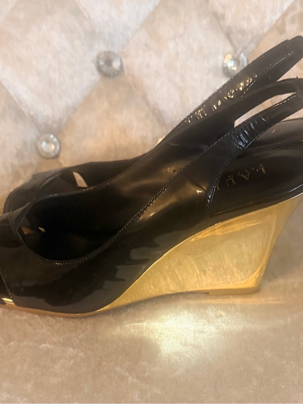 Lauren Ralph Lauren RARE Black Patent Slingback Wedges with Gold Wedge Heel
